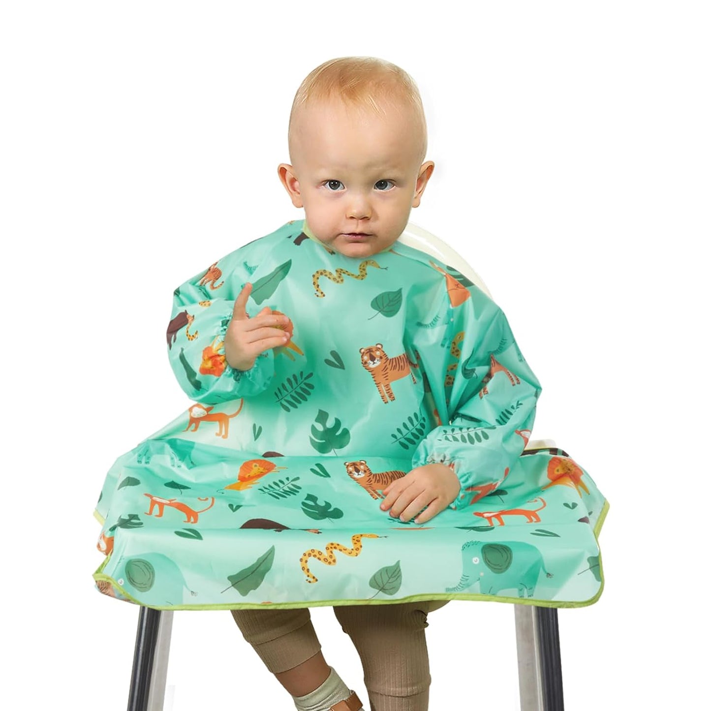 Lictin Coverall Baby Feeding Bib - Long Sleeve Bib Attaches and Fully Cover to Baby Highchair, Waterproof Weaning Bib Adjustable for Baby Toddler Infant, Machine Washable, Green