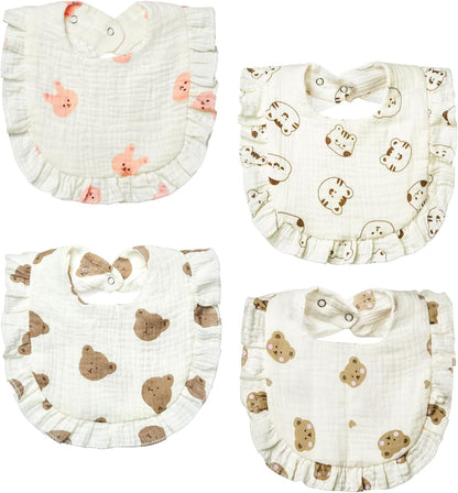 Lictin 4-Pack Muslin Baby Bandana Drool Bibs, Unisex Bandana Drooling Bibs, Super Absorbent Organic Cotton Baby Bibs, Gentle Teething Bibs for Teething Baby Little Bear