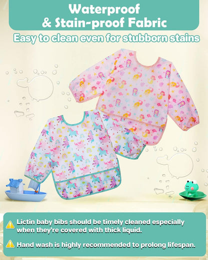 Lictin 3 Pcs Baby Bibs for Boy or Girl,Long Sleeve Bib,Waterproof Bibs for Toddlers,Adjustable Closure Baby Smock,6-24 Months