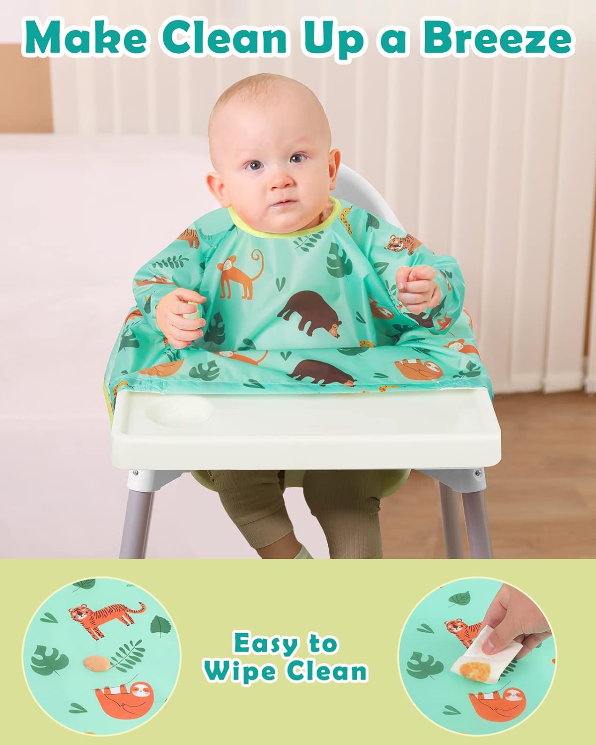 Lictin Coverall Baby Feeding Bibs - 2-Pack Long Sleeve Baby Bibs for Eating, Waterproof Bib Attaches to Baby Highchair and Table, Adjustable Weaning Bibs, High Chair Food Catcher