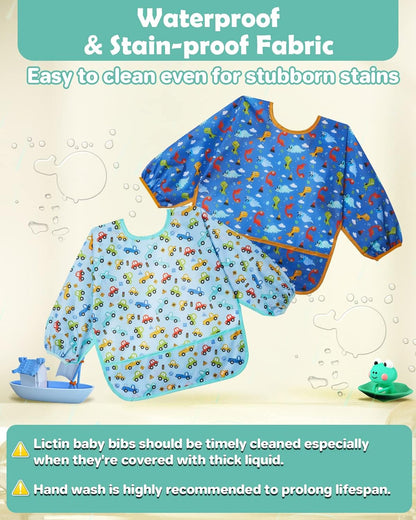 Lictin 3 Pcs Baby Bibs for Boy or Girl,Long Sleeve Bib,Waterproof Bibs for Toddlers,Adjustable Closure Baby Smock,6-24 Months