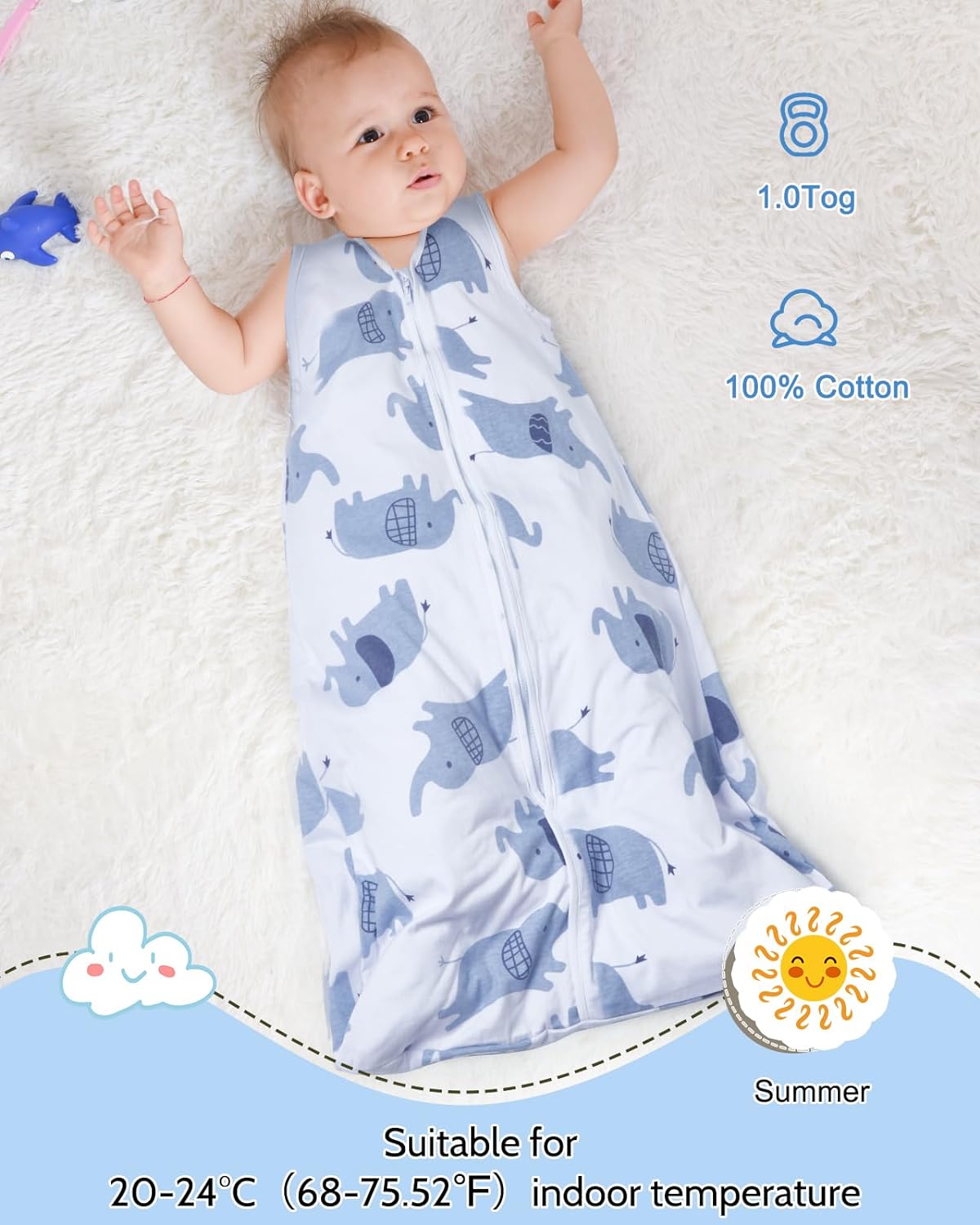 Lictin Baby Sleep Sack 1.0 Tog - 2 Pack Toddler Sleeping Sack 18-36 Months, Baby Wearable Blanket, Sleeveless Summer Baby Sleeping Bag with Adjustable Length and 2-Way Zipper, Blue