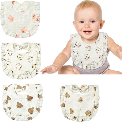 Lictin 4-Pack Muslin Baby Bandana Drool Bibs, Unisex Bandana Drooling Bibs, Super Absorbent Organic Cotton Baby Bibs, Gentle Teething Bibs for Teething Baby Little Bear