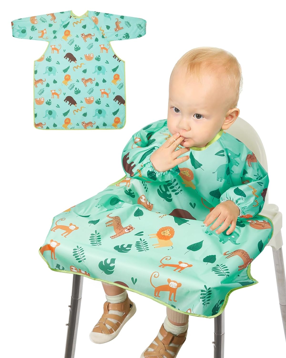 Lictin Coverall Baby Feeding Bib - Long Sleeve Bib Attaches and Fully Cover to Baby Highchair, Waterproof Weaning Bib Adjustable for Baby Toddler Infant, Machine Washable, Green