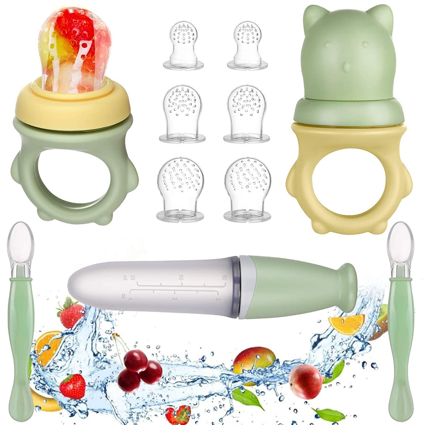 Lictin Baby Food Feeder Pacifier Set Feeding Supplies 11 Pcs - Squeeze Spoon with Fresh Silicone Bottle, Infant Hot Safety Spoon, Baby Feeding Utensil Gift Box